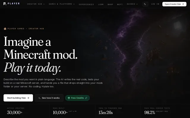Player Games Creator Hub website screenshot